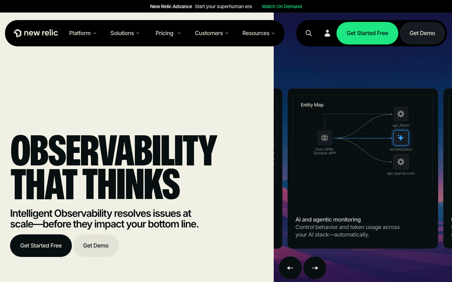 New Relic homepage showing observability platform with AI-powered intelligent monitoring