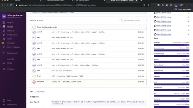 Sentry stack trace detail view with suspect commit highlighted