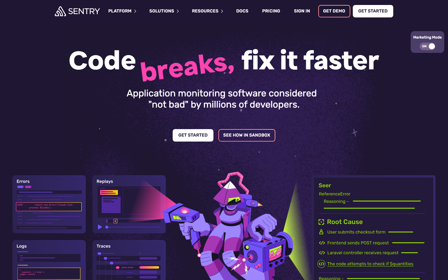 Sentry application monitoring homepage with error tracking, root cause analysis, and code-level debugging interface