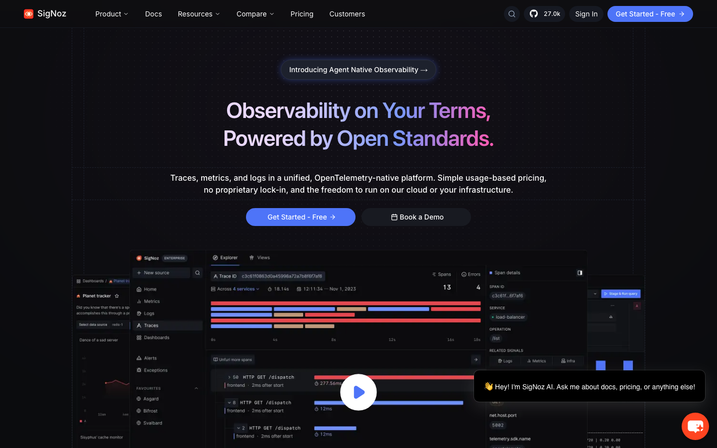 SigNoz homepage showing OpenTelemetry-native observability platform with traces, metrics, and logs unified