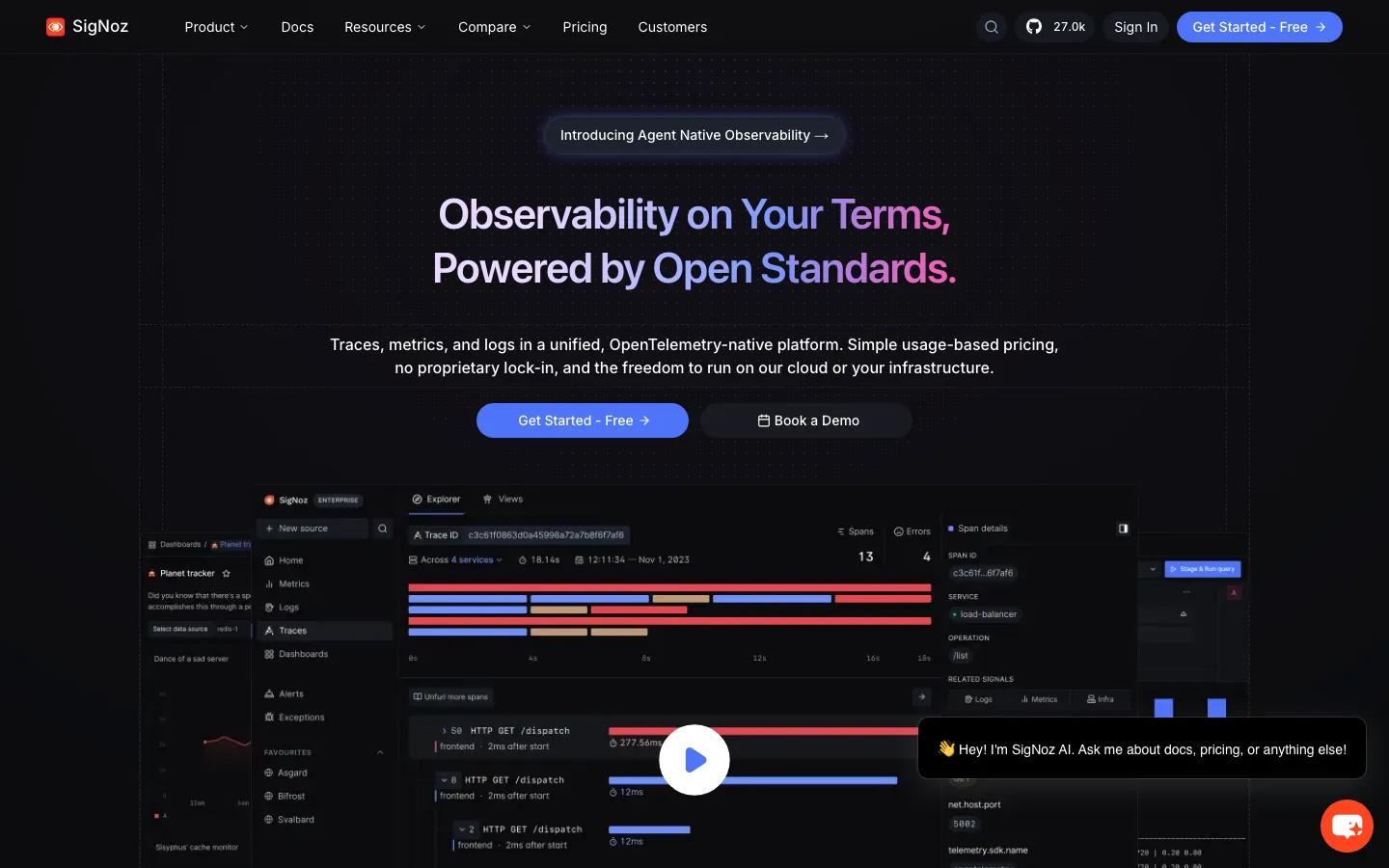 SigNoz homepage showing OpenTelemetry-native observability platform with traces, metrics, and logs unified
