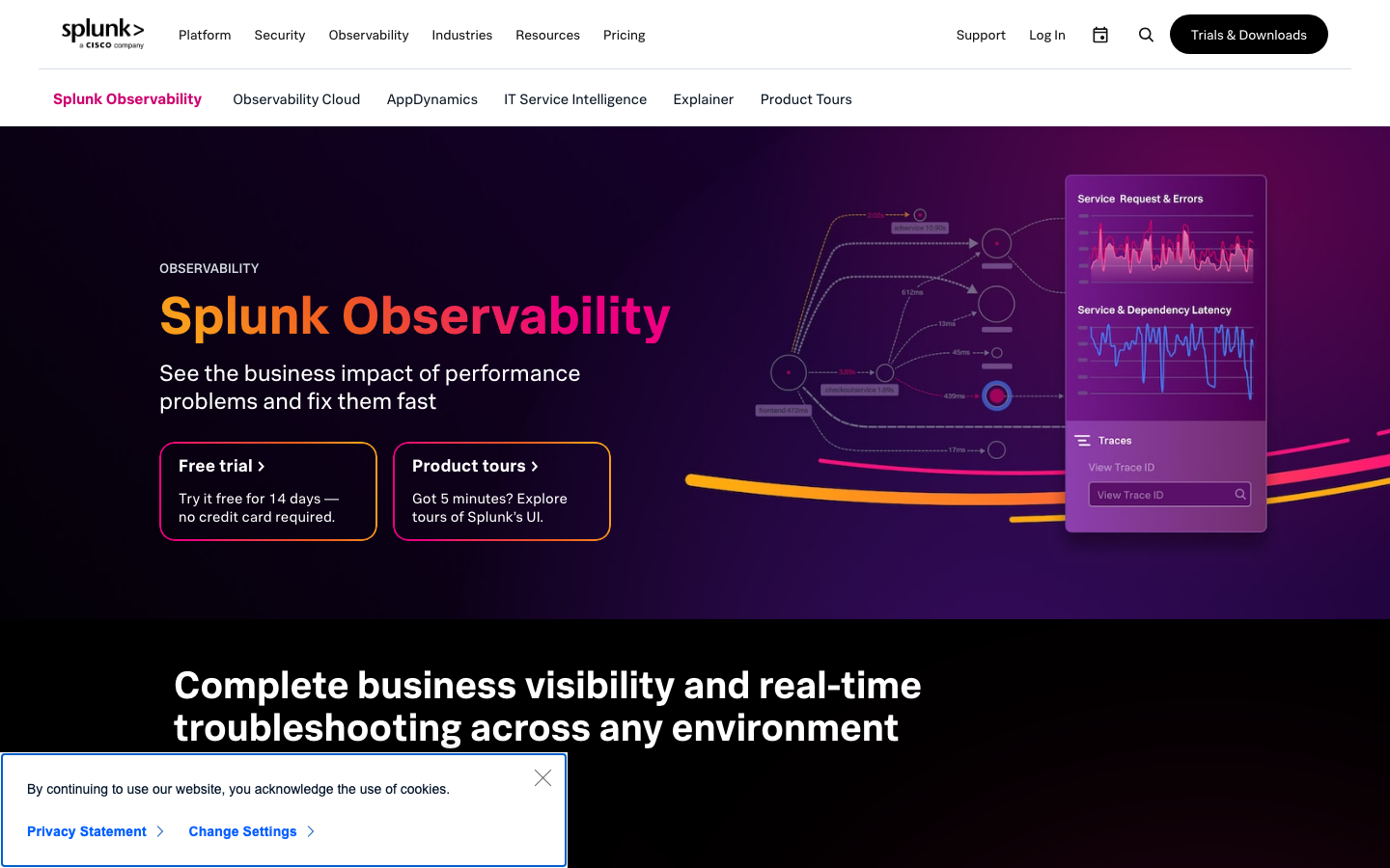Splunk Observability Cloud homepage showing business visibility and real-time troubleshooting across environments