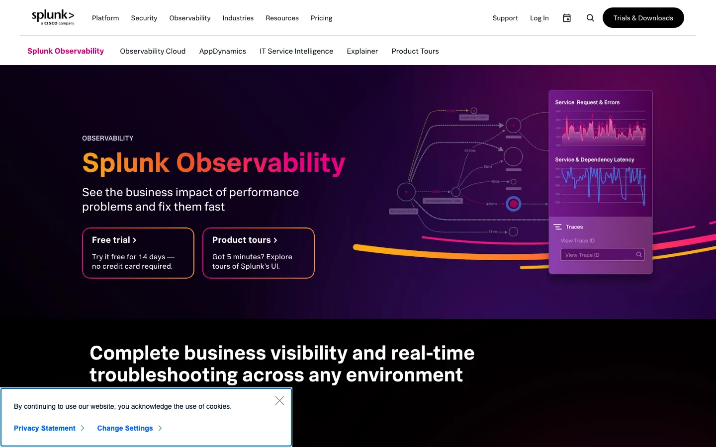 Splunk Observability Cloud homepage showing business visibility and real-time troubleshooting across environments
