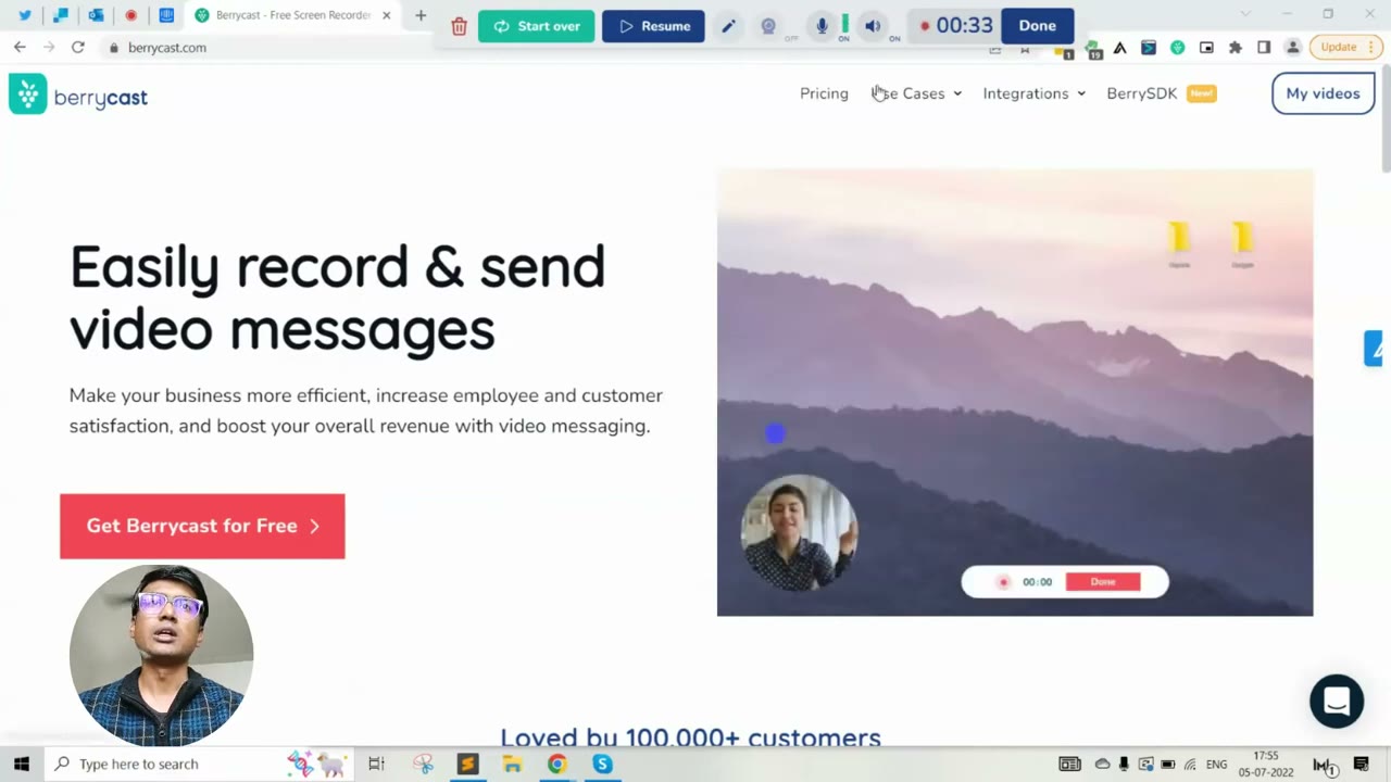 Berrycast recording toolbar with screen area selection, webcam bubble overlay, and one-click record button
