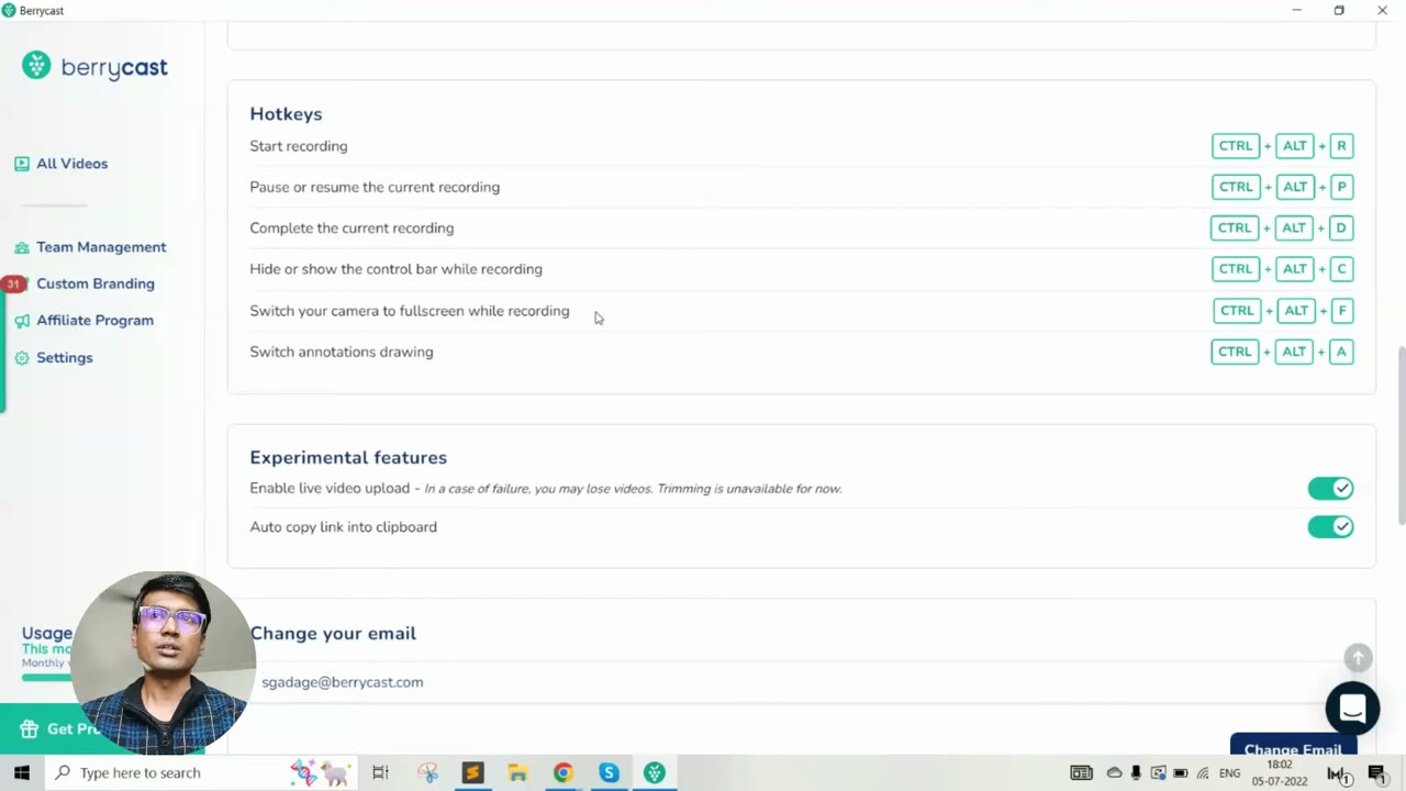 Berrycast share screen showing the generated video link with viewer count and automatic cloud storage confirmation