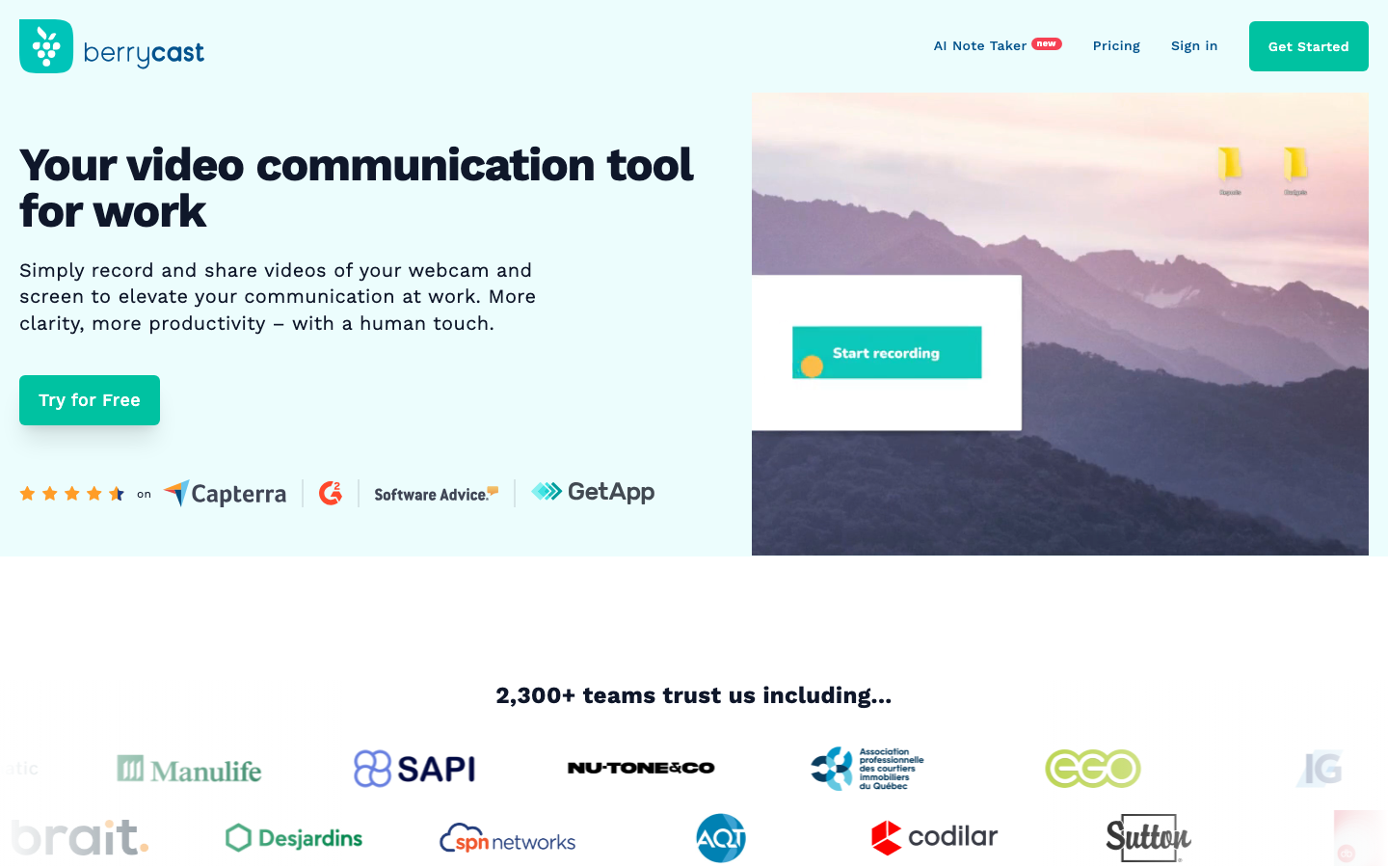 Berrycast homepage showing screen recording and video messaging interface with sharing controls