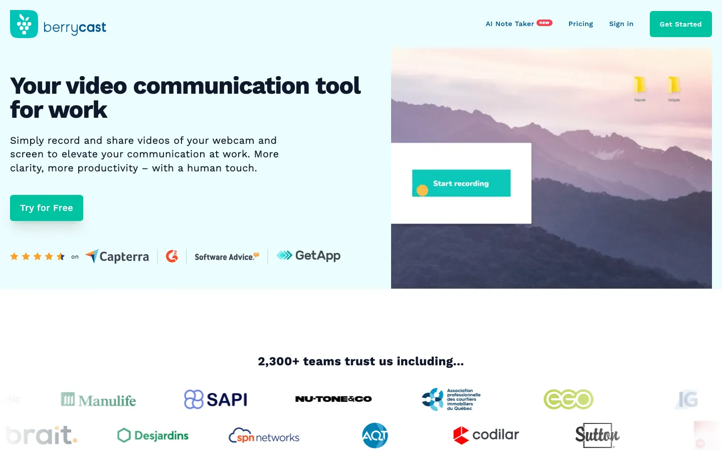 Berrycast homepage showing screen recording and video messaging interface with sharing controls
