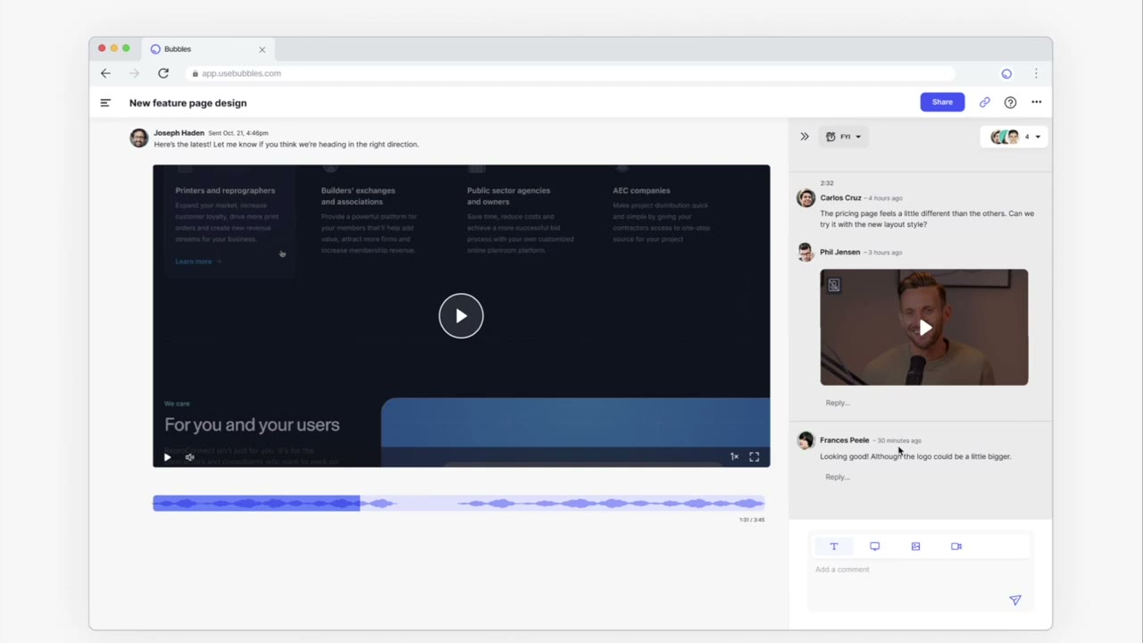 Bubbles threaded video conversation showing a recorded update with timestamped video replies from team members