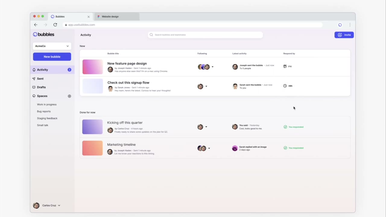 Bubbles video reply interface with screen and camera recording options for responding to an async thread