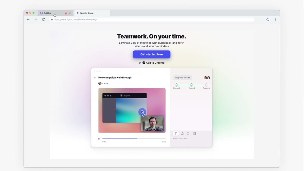 Bubbles team workspace showing shared video channels, pinned updates, and recent async conversations