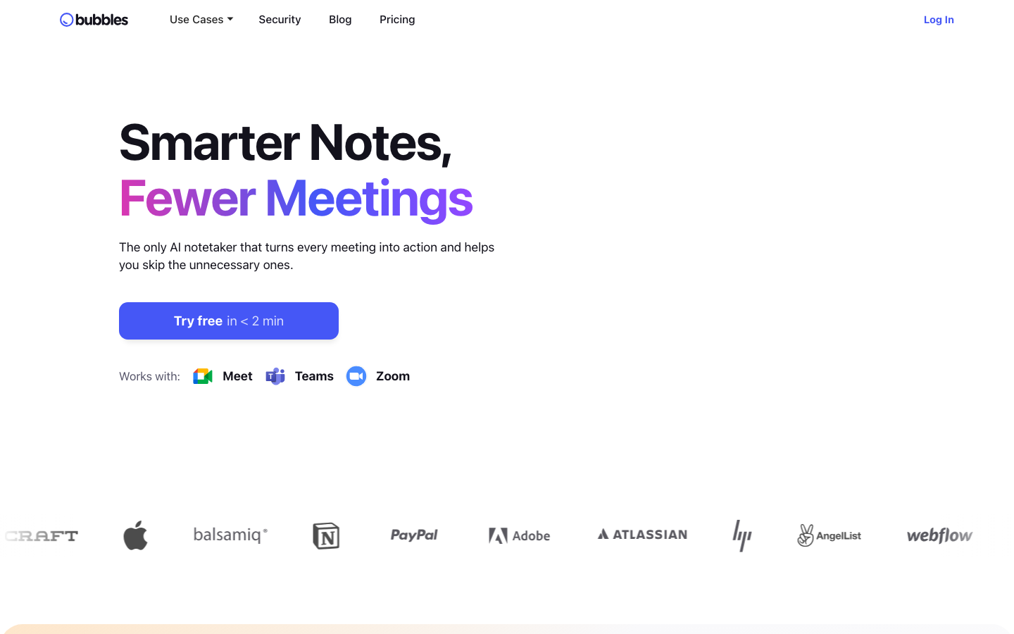 Bubbles app homepage showing async video screen recording with threaded comments and AI meeting summaries