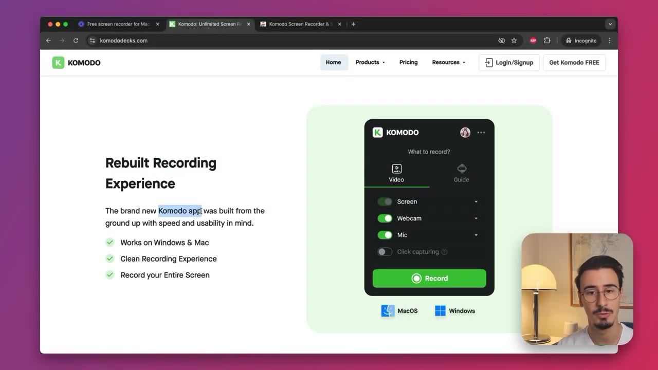 Komodo recording interface showing screen capture mode with webcam overlay and slide deck integration option