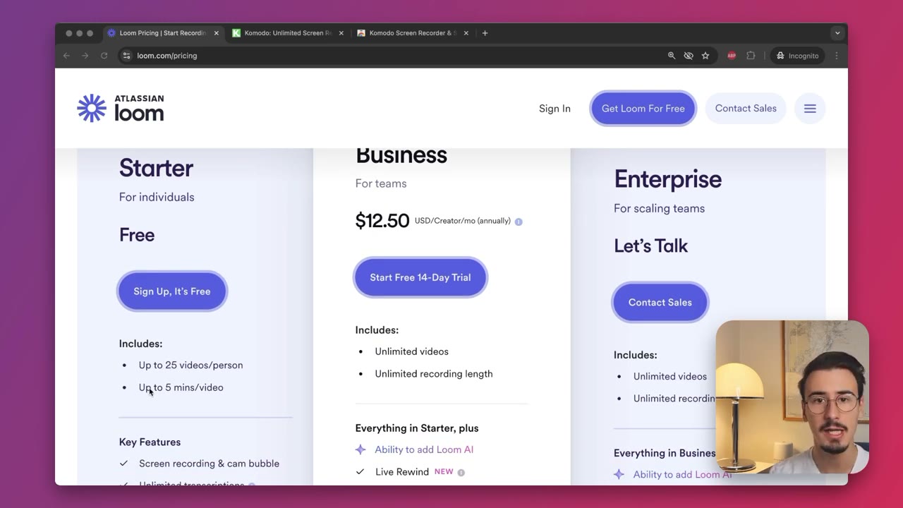 Komodo Decks view showing a recorded video with slide overlay, timestamps, and shared team workspace access