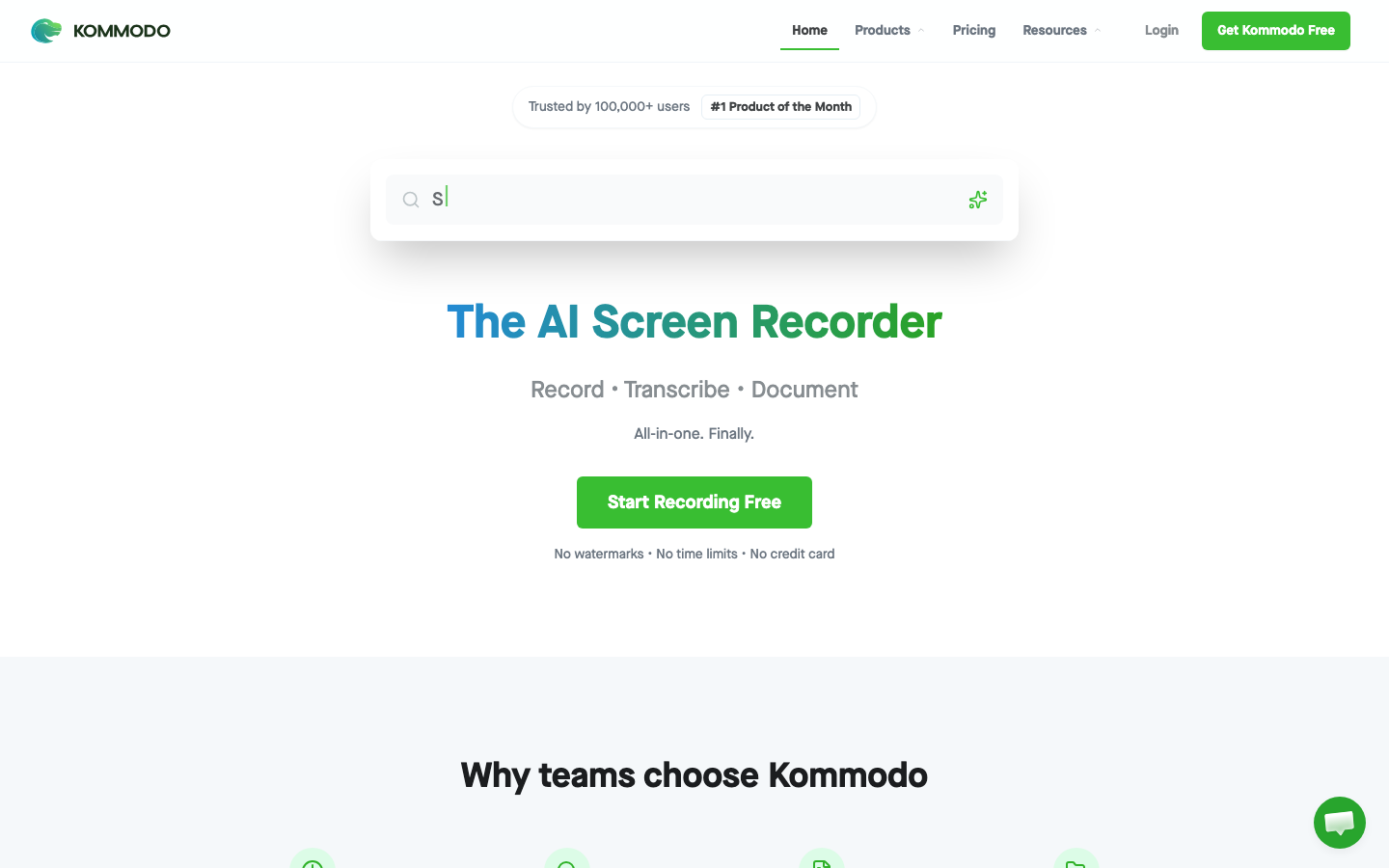 Kommodo homepage showing AI screen recorder with transcription and automatic documentation generation