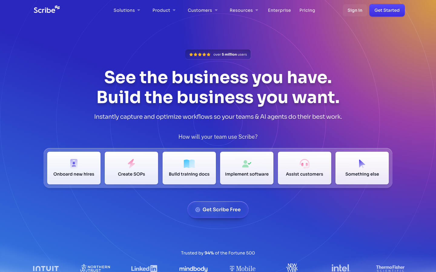 Scribe homepage showing automated step-by-step guide generation from screen recordings with screenshots