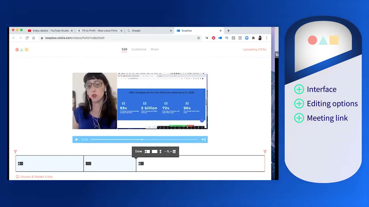 Soapbox video sharing screen showing the generated link with Wistia-hosted player embed and viewer controls