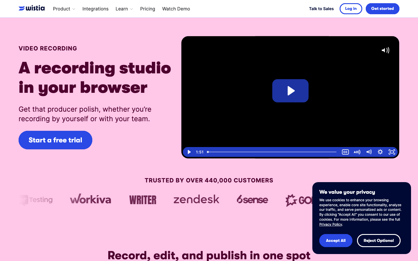 Wistia Soapbox Chrome extension showing split-screen webcam and screen recording interface