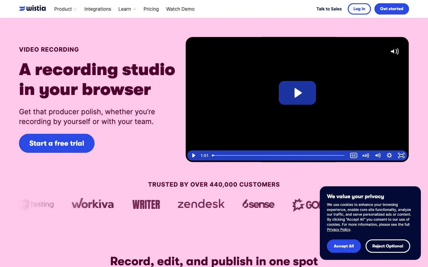 Wistia Soapbox Chrome extension showing split-screen webcam and screen recording interface