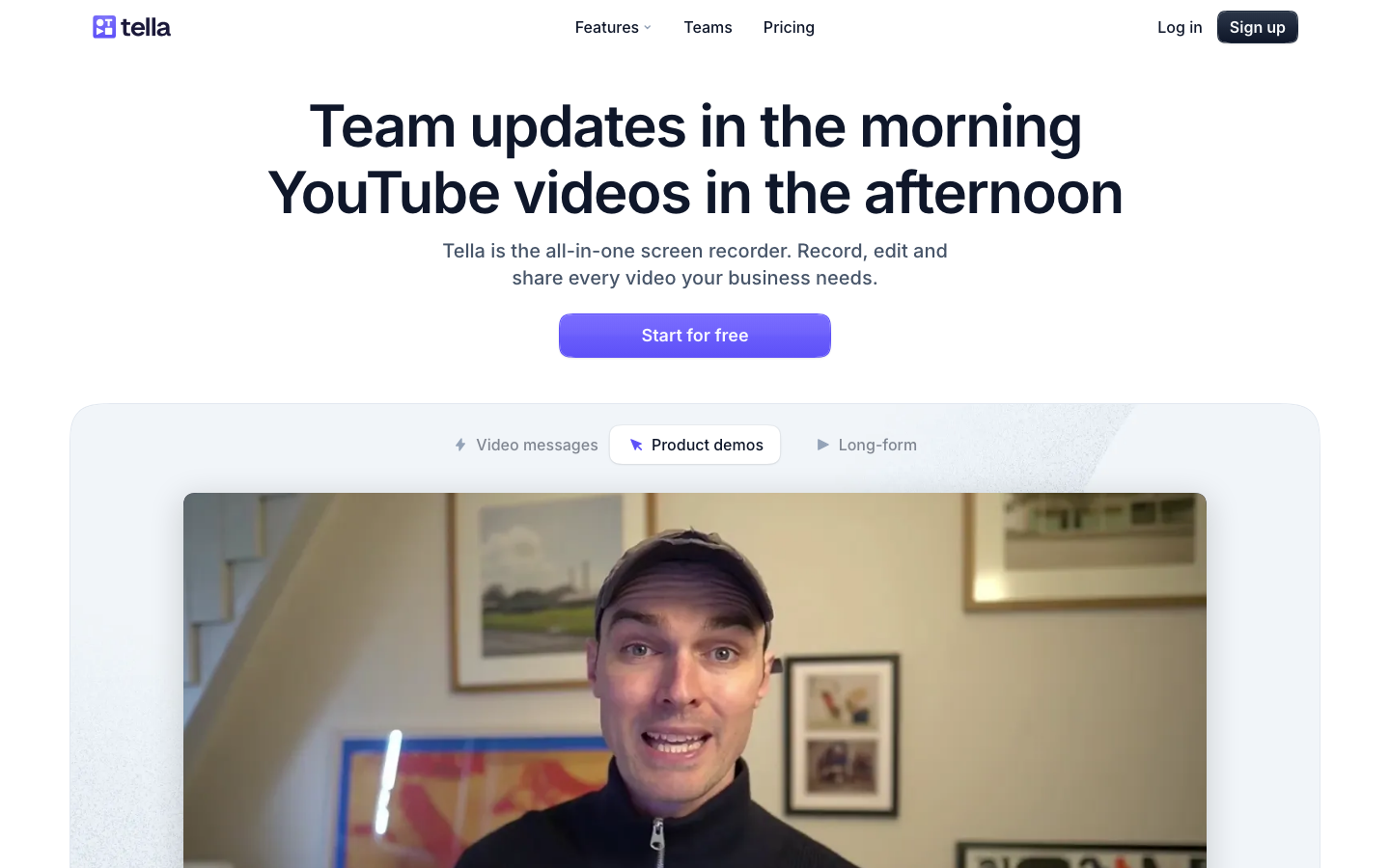 Tella homepage showing polished video recording with custom backgrounds, camera layouts, and editing tools