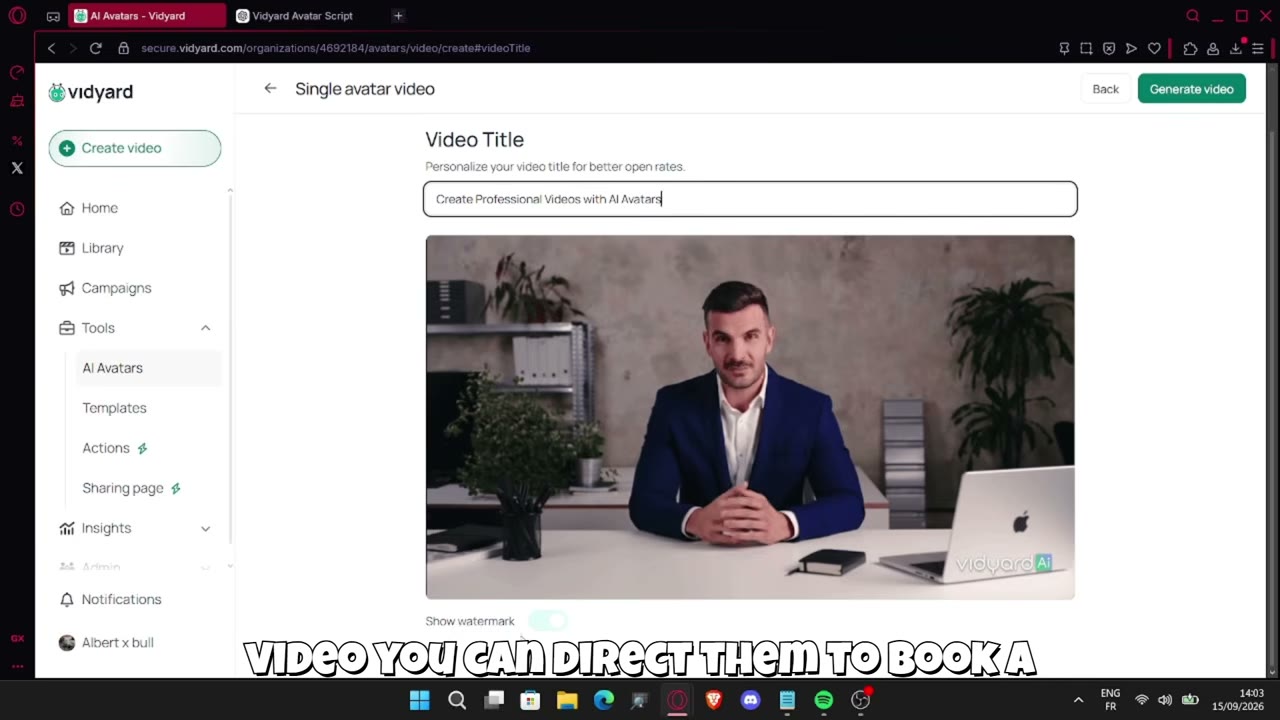 Vidyard screen and webcam recording interface with video prospecting templates and AI script suggestions