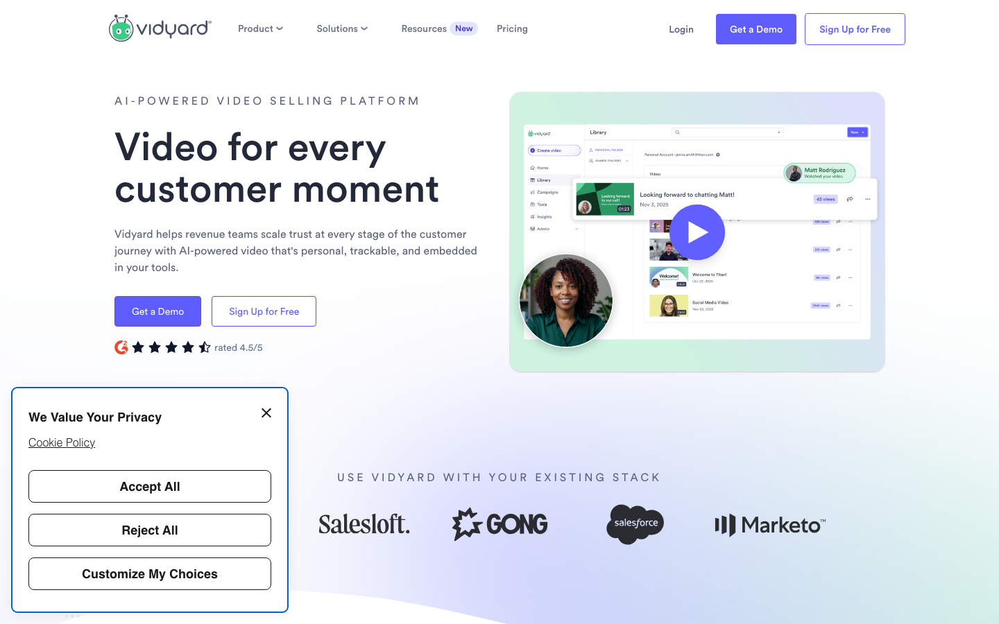 Vidyard homepage showing video prospecting and sales engagement analytics dashboard