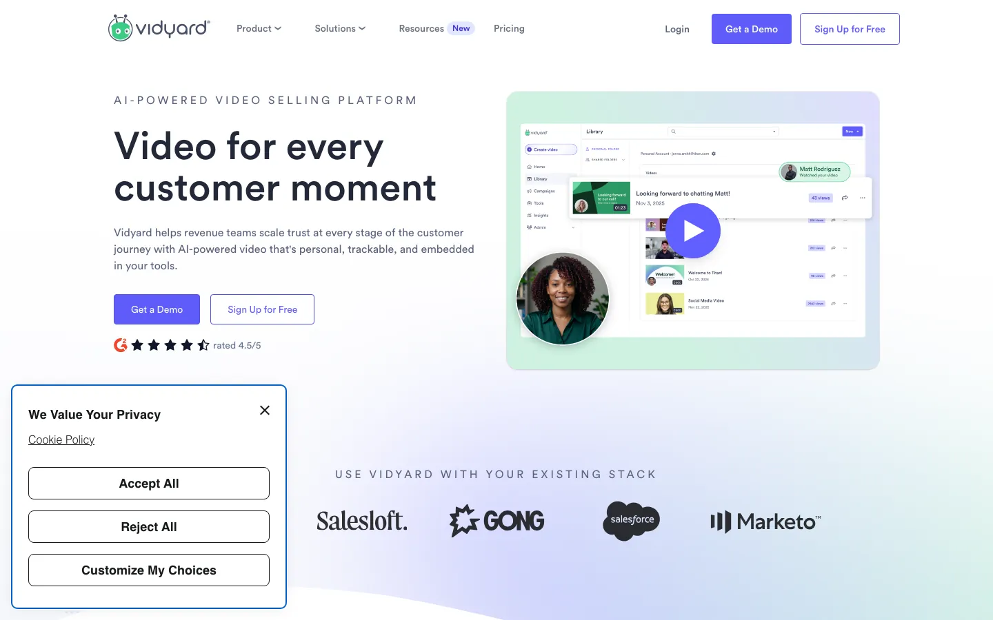 Vidyard homepage showing video prospecting and sales engagement analytics dashboard
