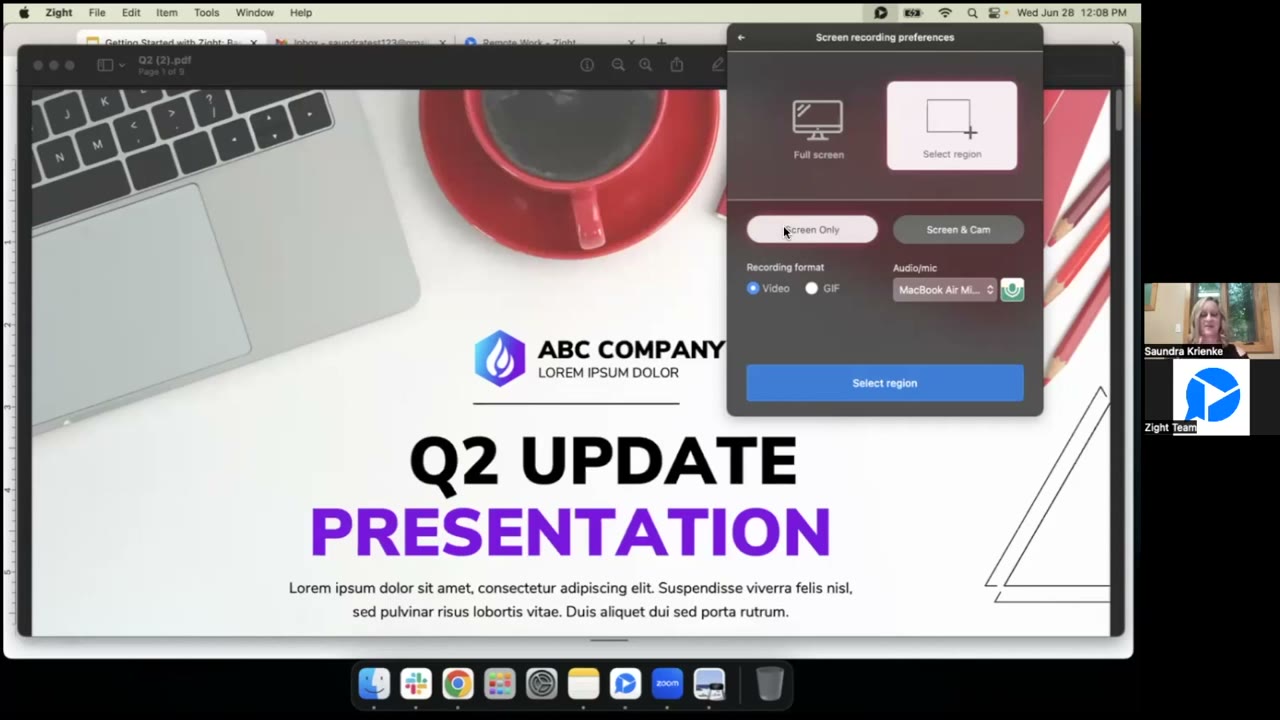 Zight capture toolbar showing screenshot, GIF, and video recording mode options with annotation tools ready