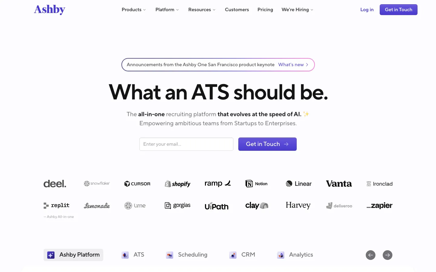Ashby ATS homepage showing the all-in-one recruiting platform with ATS, CRM, and analytics