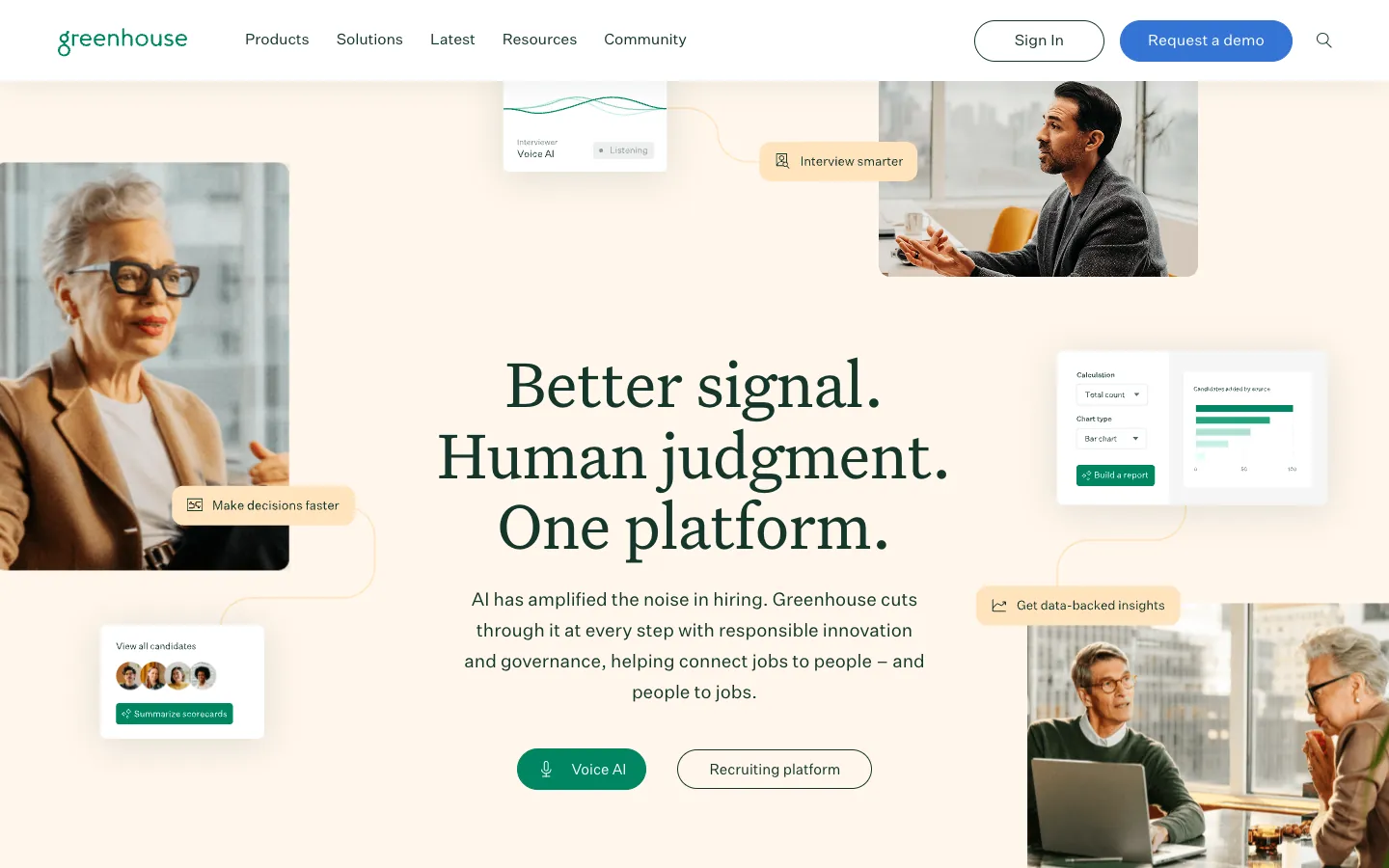 Greenhouse ATS homepage showing the hiring platform with AI-powered workflow tools