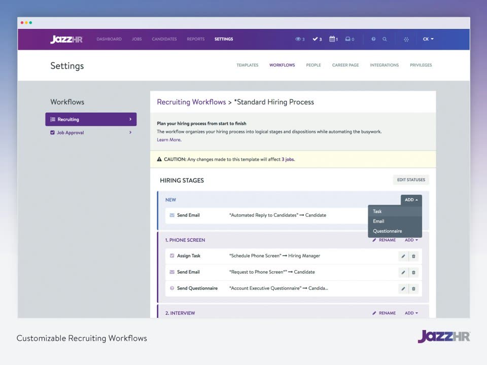 JazzHR customizable recruiting workflow builder showing hiring stages with automated emails and tasks