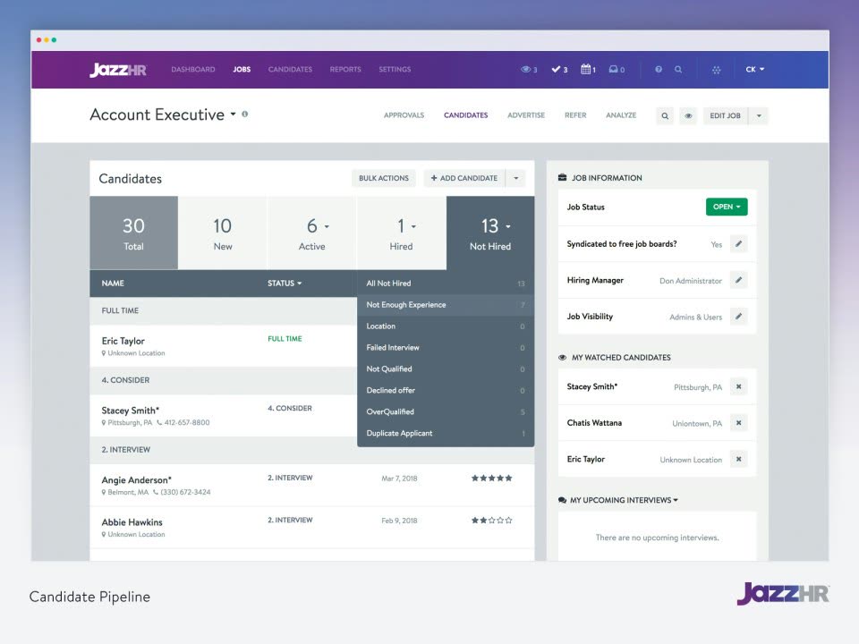 JazzHR candidate pipeline for an Account Executive role with status filters and job information panel