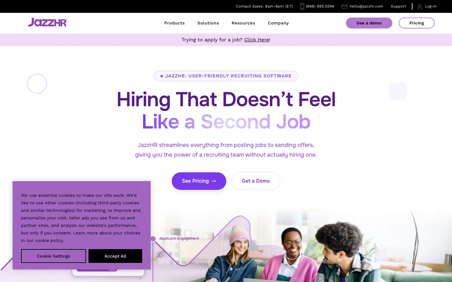 JazzHR applicant tracking system homepage with recruitment software overview