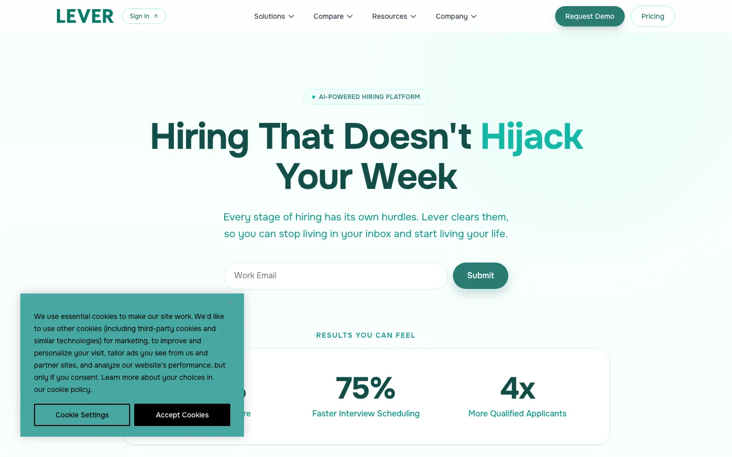 Lever ATS homepage showing the AI-powered hiring platform with reduced time-to-interview stats