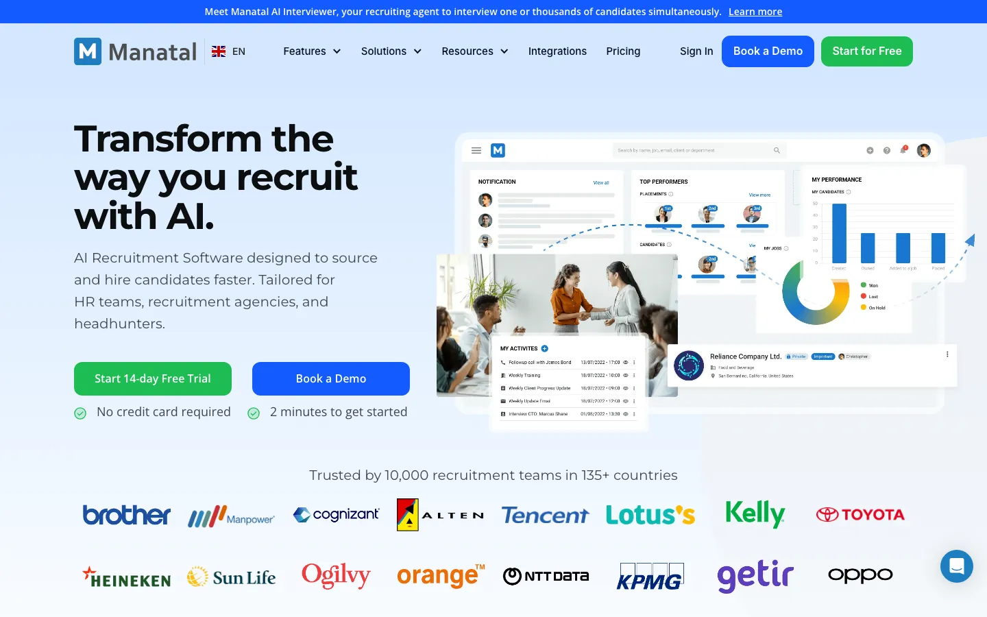 Manatal ATS homepage showing the AI recruitment platform with candidate dashboard and client logos