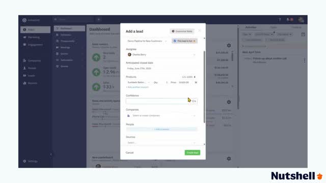 Nutshell CRM add a lead form showing assignee, anticipated close date, and product line items