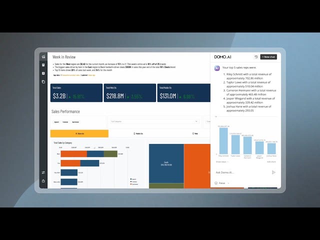 Domo card dashboard showing executive-facing metrics with drill-down capability
