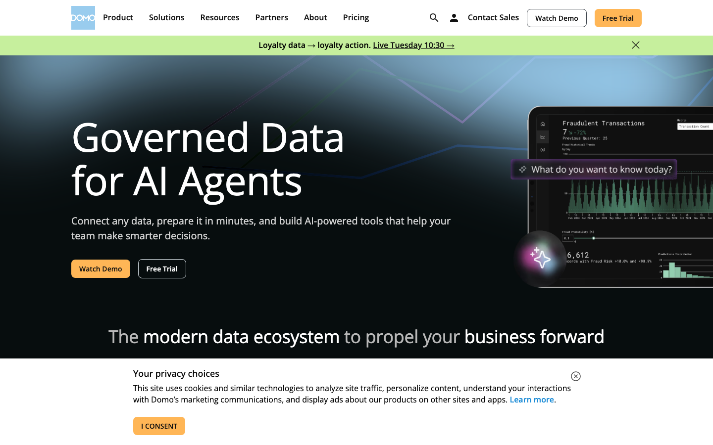 Domo homepage showing business intelligence platform with cards-based dashboard and data connectors for executives