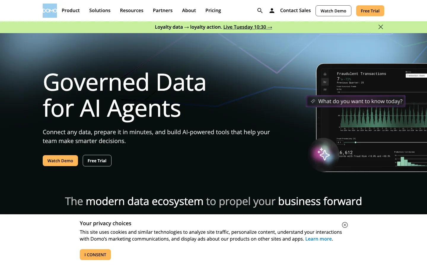 Domo homepage showing business intelligence platform with cards-based dashboard and data connectors for executives