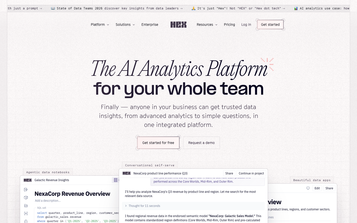 Hex analytics platform homepage showing collaborative data notebooks with SQL and Python cells alongside visualizations