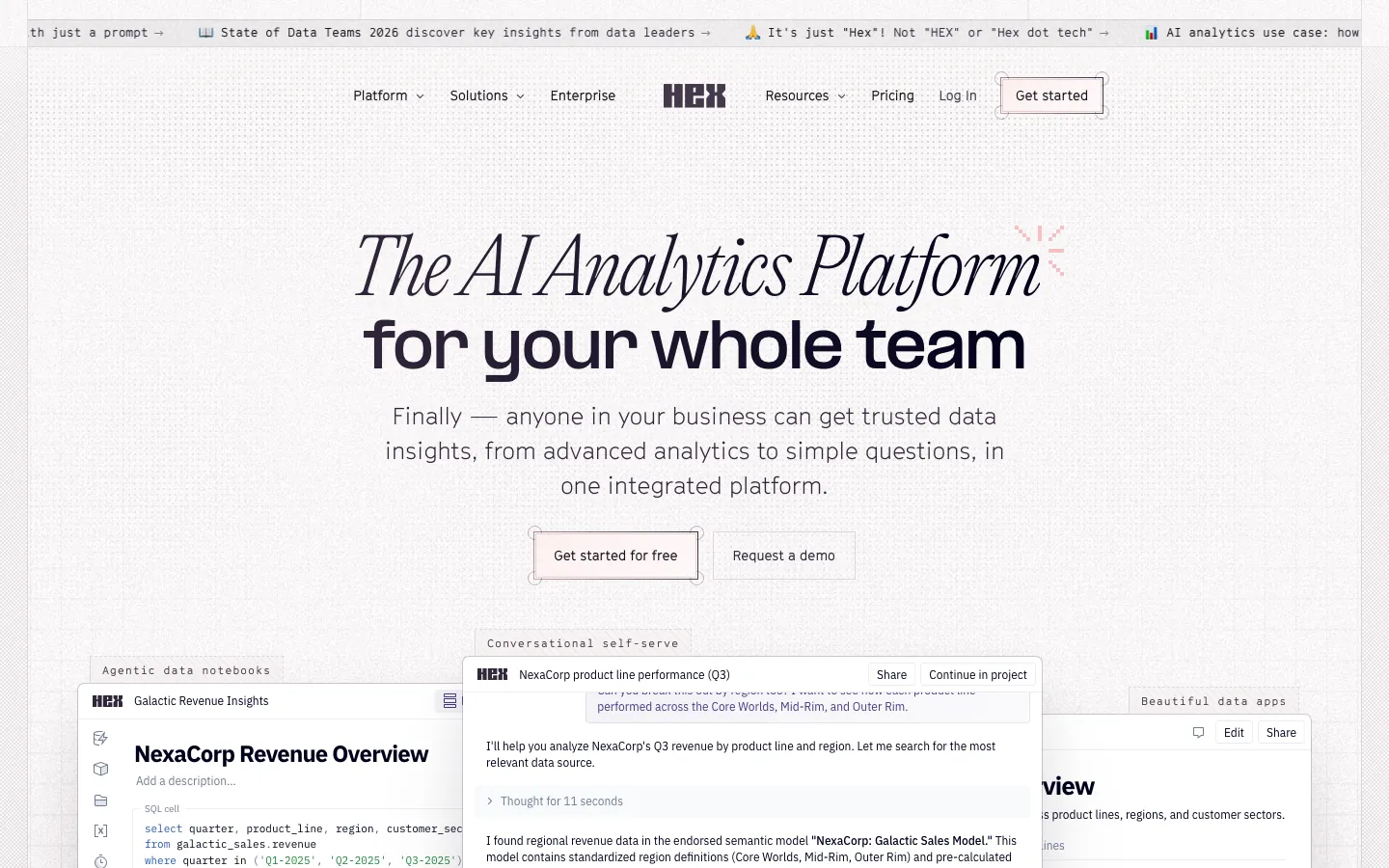 Hex analytics platform homepage showing collaborative data notebooks with SQL and Python cells alongside visualizations
