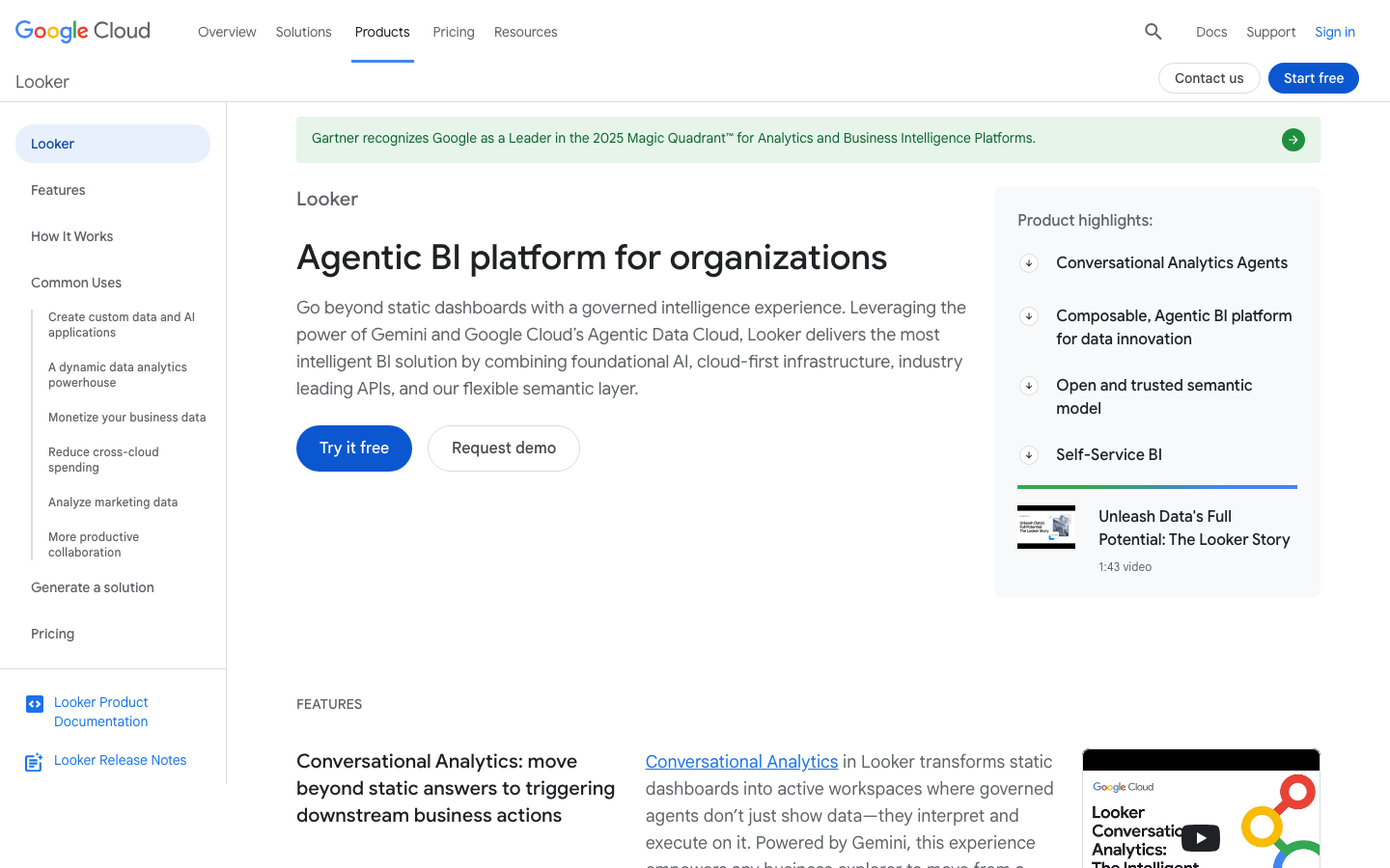 Looker Google Cloud homepage showing LookML semantic layer and governed data exploration interface