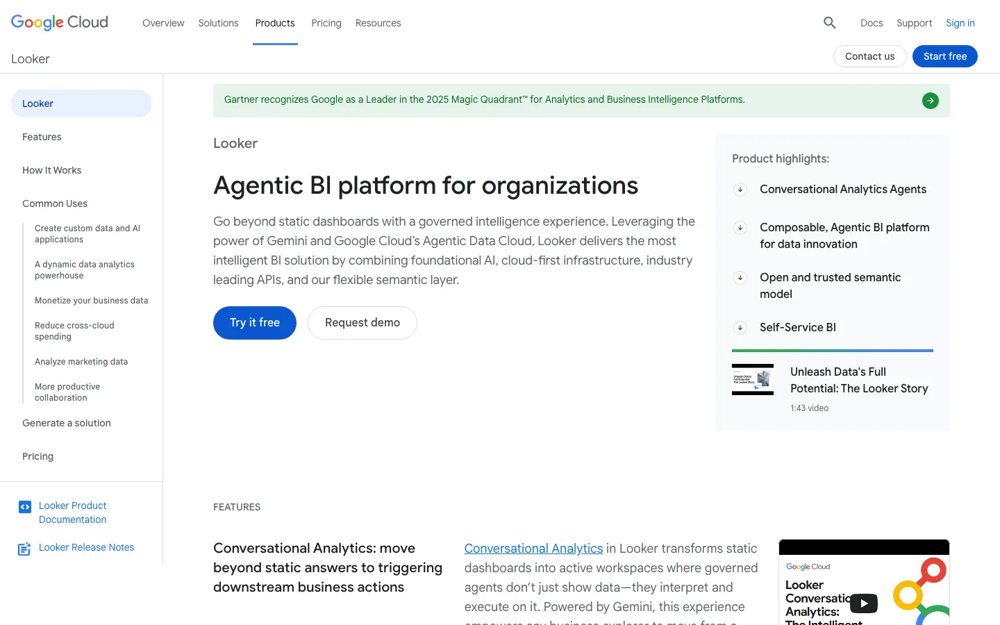 Looker Google Cloud homepage showing LookML semantic layer and governed data exploration interface