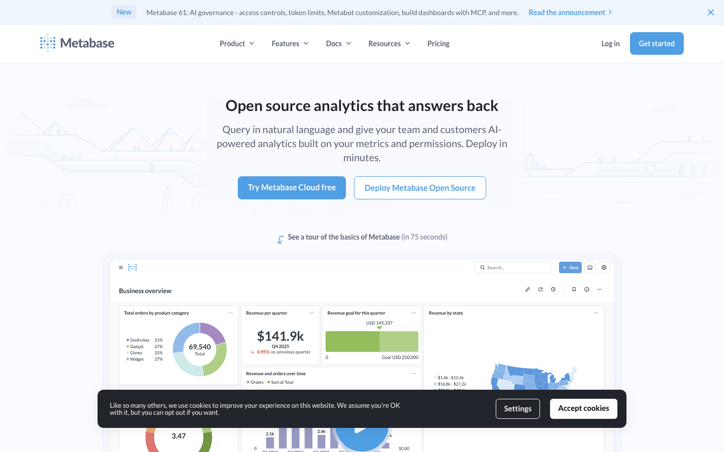 Metabase homepage showing open-source business intelligence platform with clean dashboard builder interface