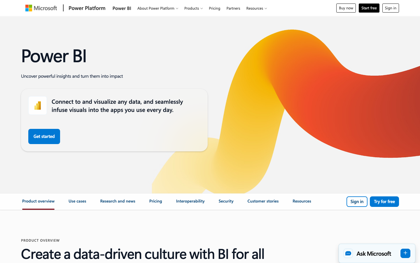 Microsoft Power BI homepage showing AI-driven analytics platform with dashboard examples and Microsoft ecosystem integration