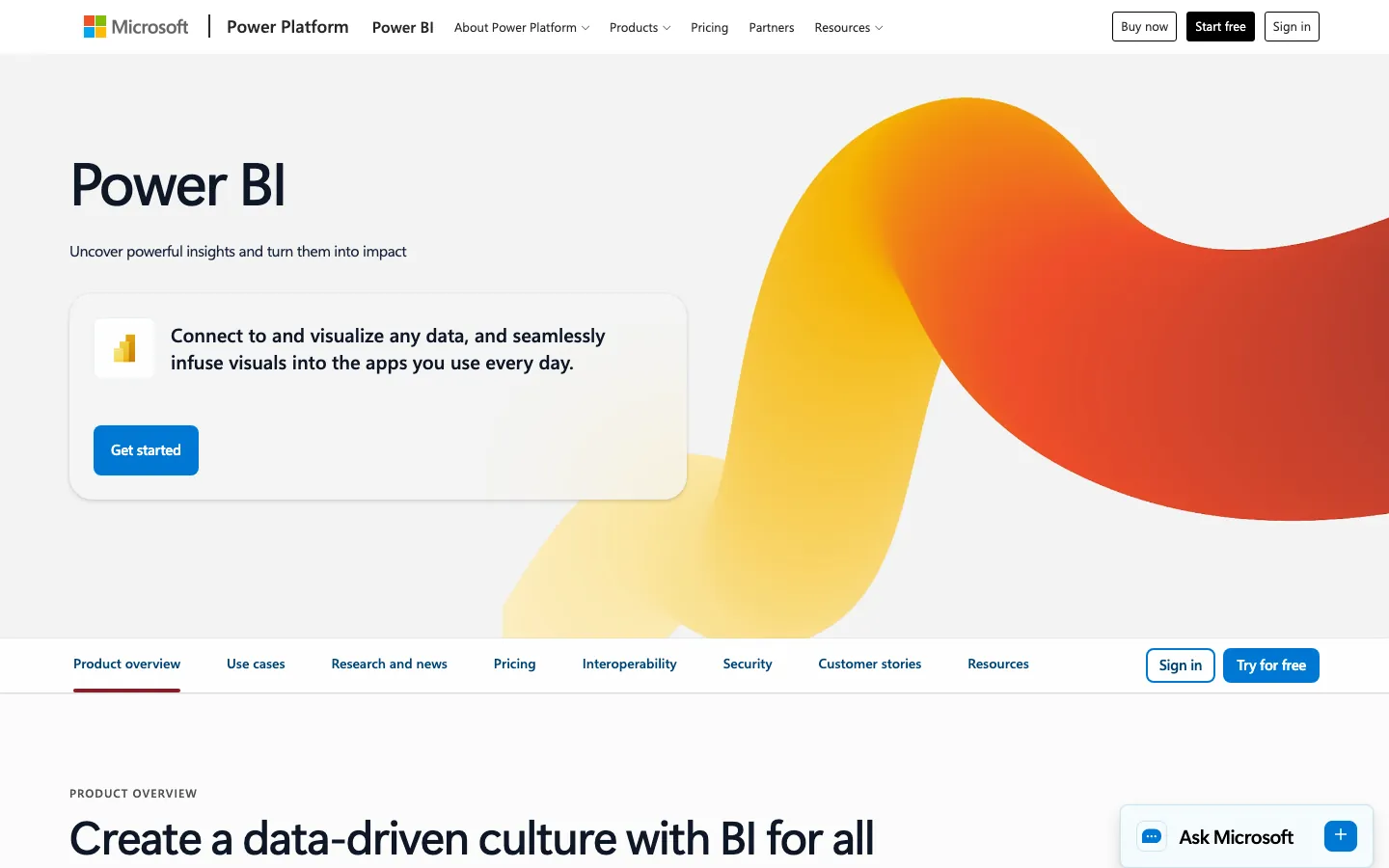 Microsoft Power BI homepage showing AI-driven analytics platform with dashboard examples and Microsoft ecosystem integration