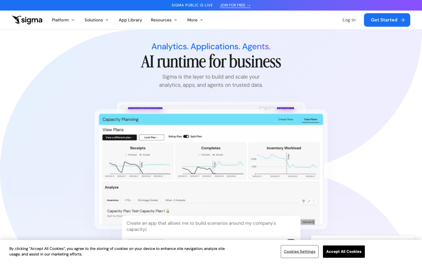 Sigma Computing homepage showing warehouse-native analytics with spreadsheet-like interface on live Snowflake data
