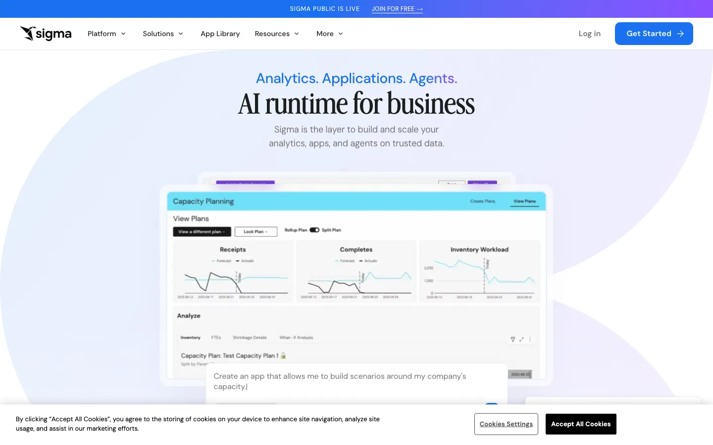 Sigma Computing homepage showing warehouse-native analytics with spreadsheet-like interface on live Snowflake data