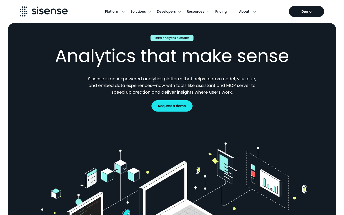 Sisense homepage showing embedded analytics platform with white-labeled dashboards and developer-first API integration