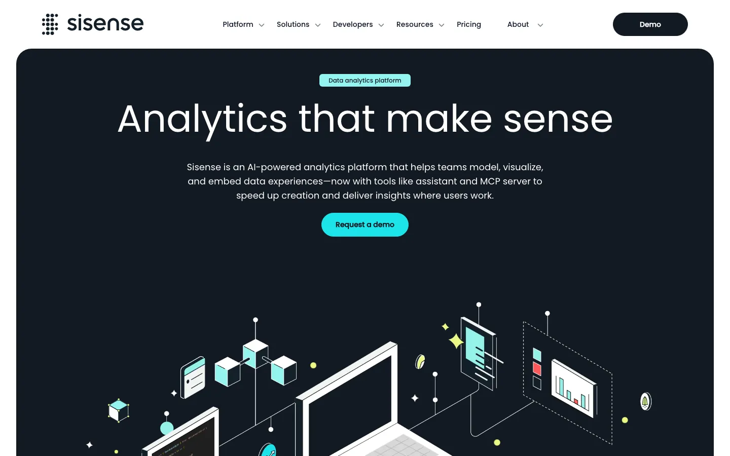 Sisense homepage showing embedded analytics platform with white-labeled dashboards and developer-first API integration
