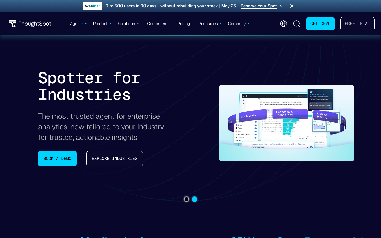ThoughtSpot homepage showing AI-powered search analytics with natural language query interface and live data exploration